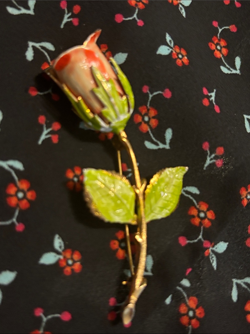 Vintage Giovanni Pink and Green Enamel Rose  tulip Brooch - Gold Stem
